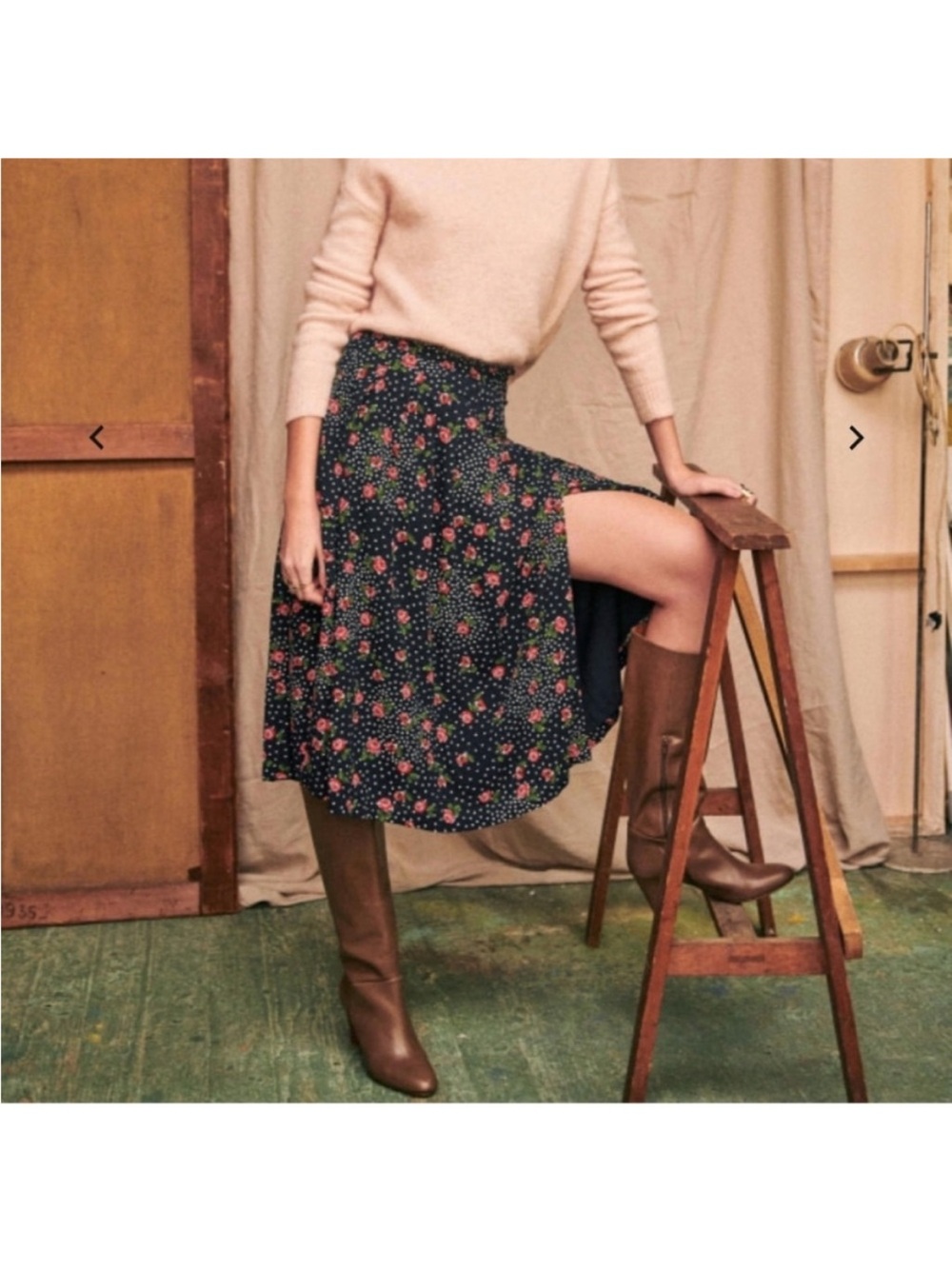 Sezane Nelly midi skirt navy flowers size 36